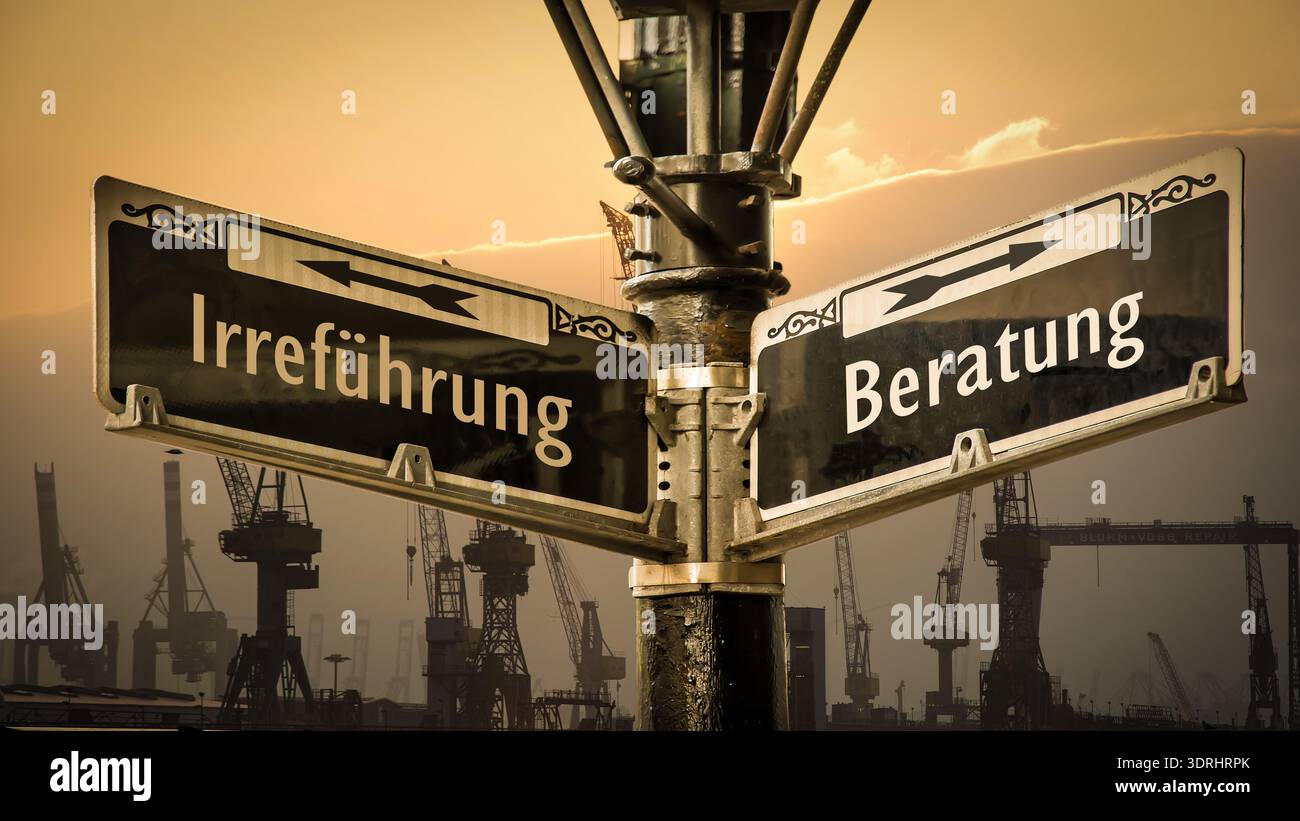 Ein Bild mit einem Wegweiser, der in zwei verschiedene Richtungen auf Deutsch zeigt. Eine Richtung zeigt auf Rat, die andere auf DE Stockfoto