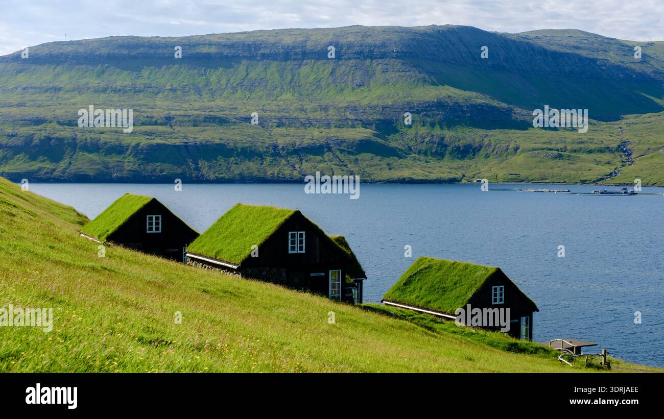 Charmante, mit Gras überdachte Cottages am ruhigen Wasser in der Landschaft der Färöer Inseln Stockfoto