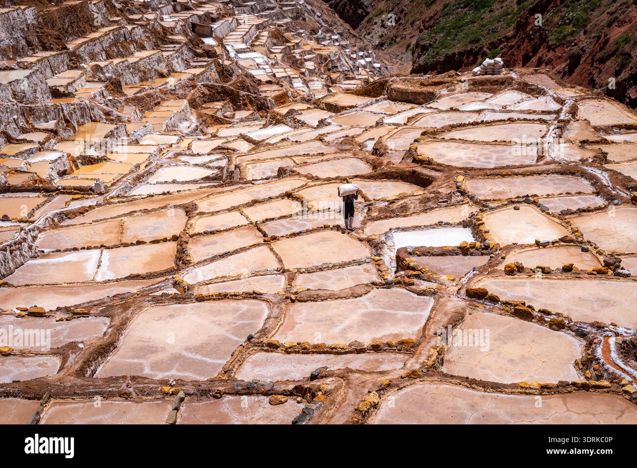 Salzterrassen in Salinas de Maras im Heiligen Tal, Peru Stockfoto