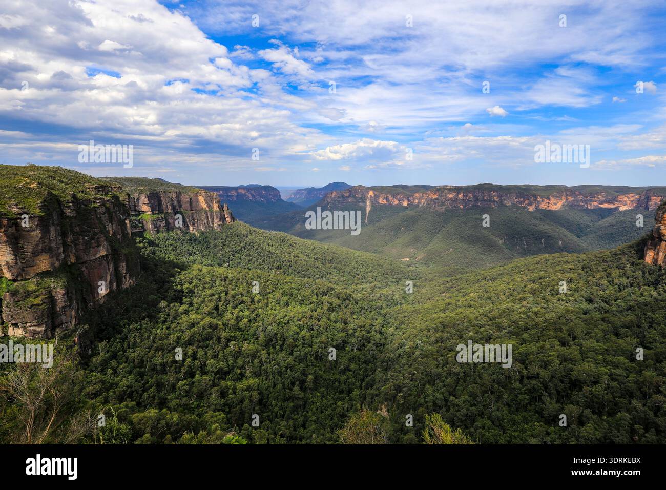 Malerische Aussicht vom Govetts Leap Lookout in den Blue Mountains mit Blick auf Grose Valley mit dramatischen Sandsteinklippen und weitläufiger Wildnis. Stockfoto