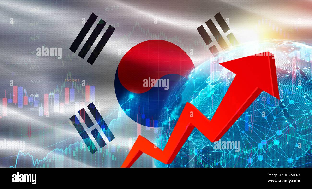 Globales Finanzwachstum mit südkoreanischer Flagge. Finanzwachstum mit südkoreanischer Flagge vor wirtschaftlichem Hintergrund Stockfoto