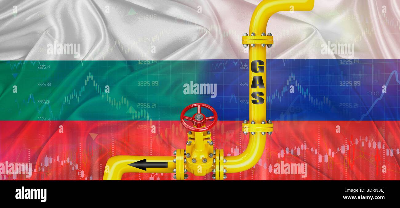 Gaspipeline mit russischer und bulgarischer Flagge. Produktion und Export von russischem Gas nach Bulgarien Stockfoto