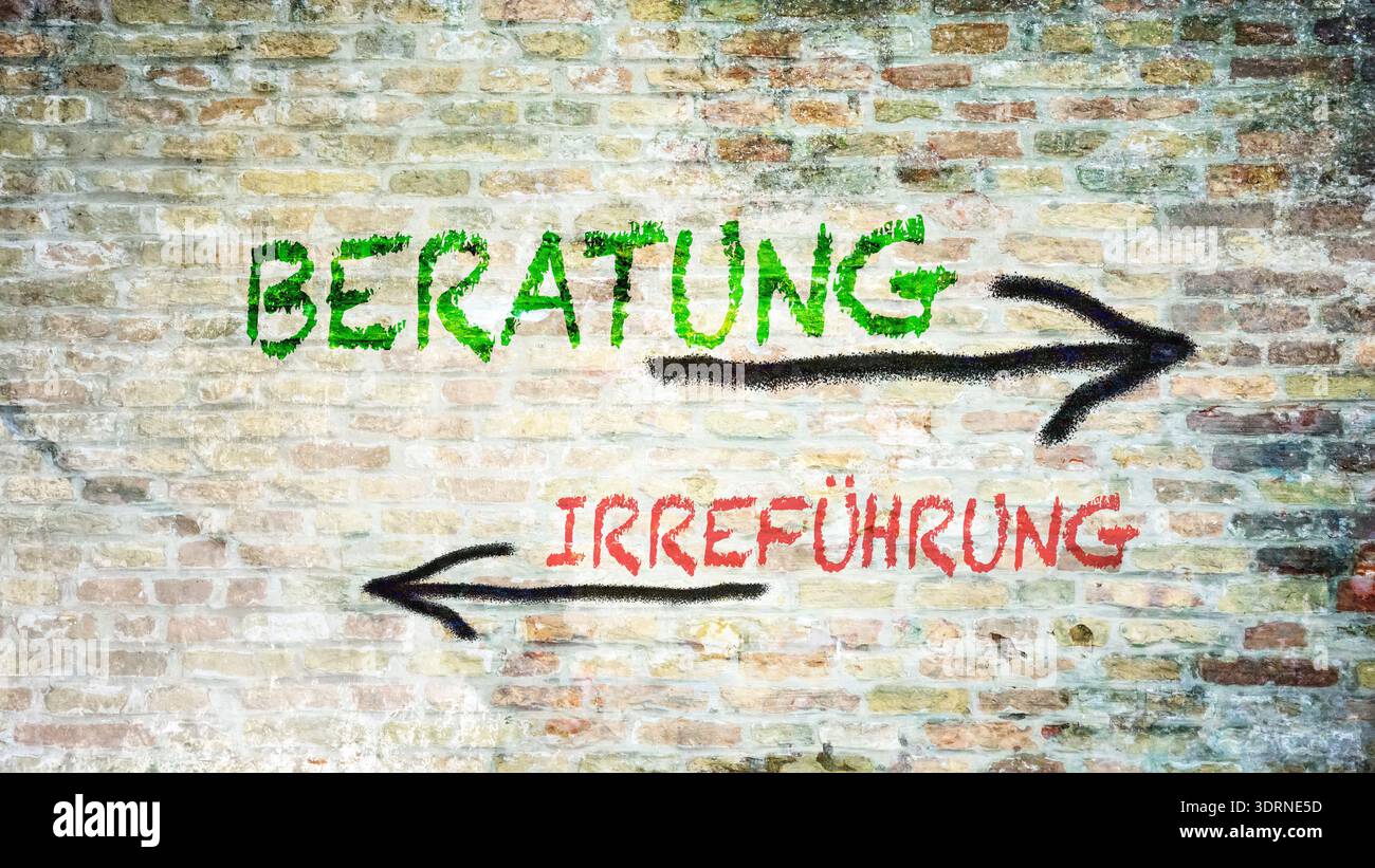 Wegweiser, der direkte Weg zu Beratung versus Täuschung Stockfoto