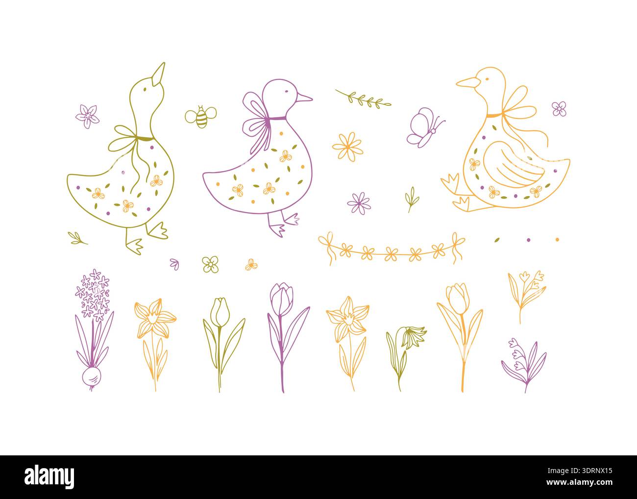 Hand gezeichnetes Doodle Spring Gans Set. Stock Vektor