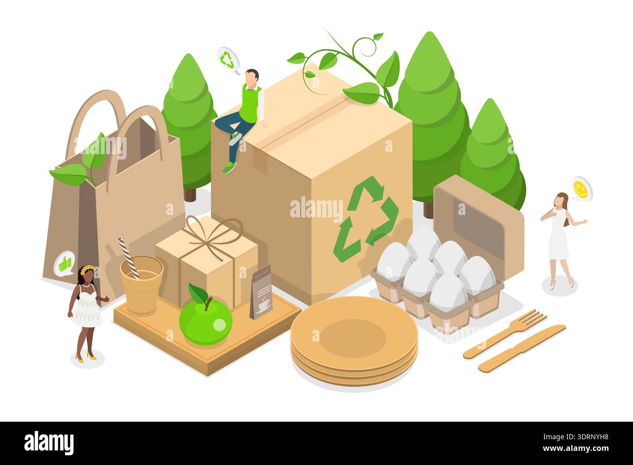 Isometrische 3D-Illustration von recycelbaren nachhaltigen Verpackungen, biologisch abbaubaren Materialien Stockfoto