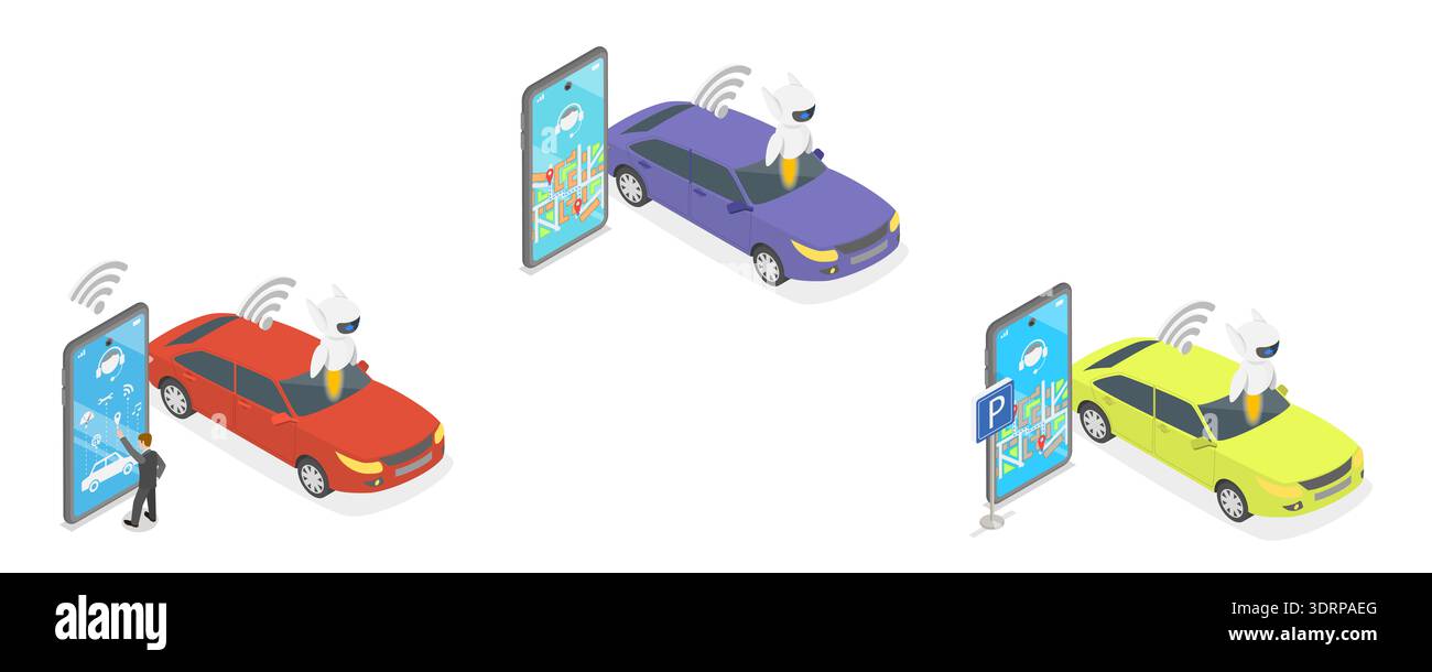 Isometrische flache 3D-Illustration der Künstlichen Intelligenz-Technologie, Satz von Vektorabbildungen, die abstrakte Konzepte von Auto darstellen Stockfoto