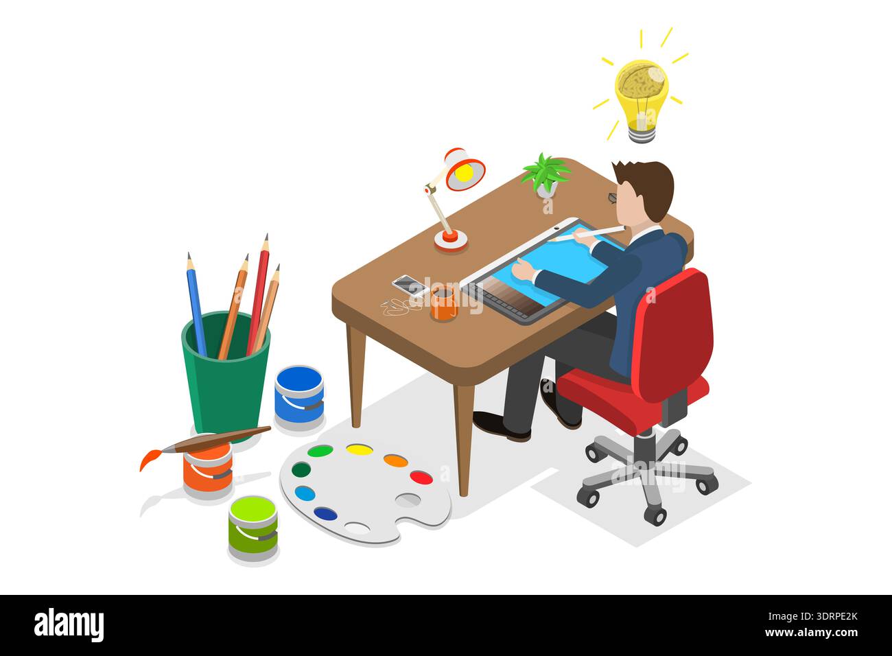 Isometrische 3D-Illustration von Creative Director, innovativer Konstrukteur im Erzeugungsprozess Stockfoto