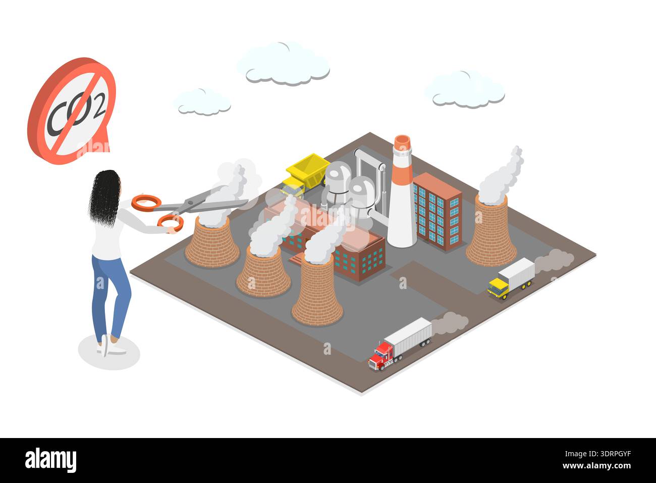 3D-Isometrischer flacher Vektor-Illustration der CO2-Reduktion Stockfoto