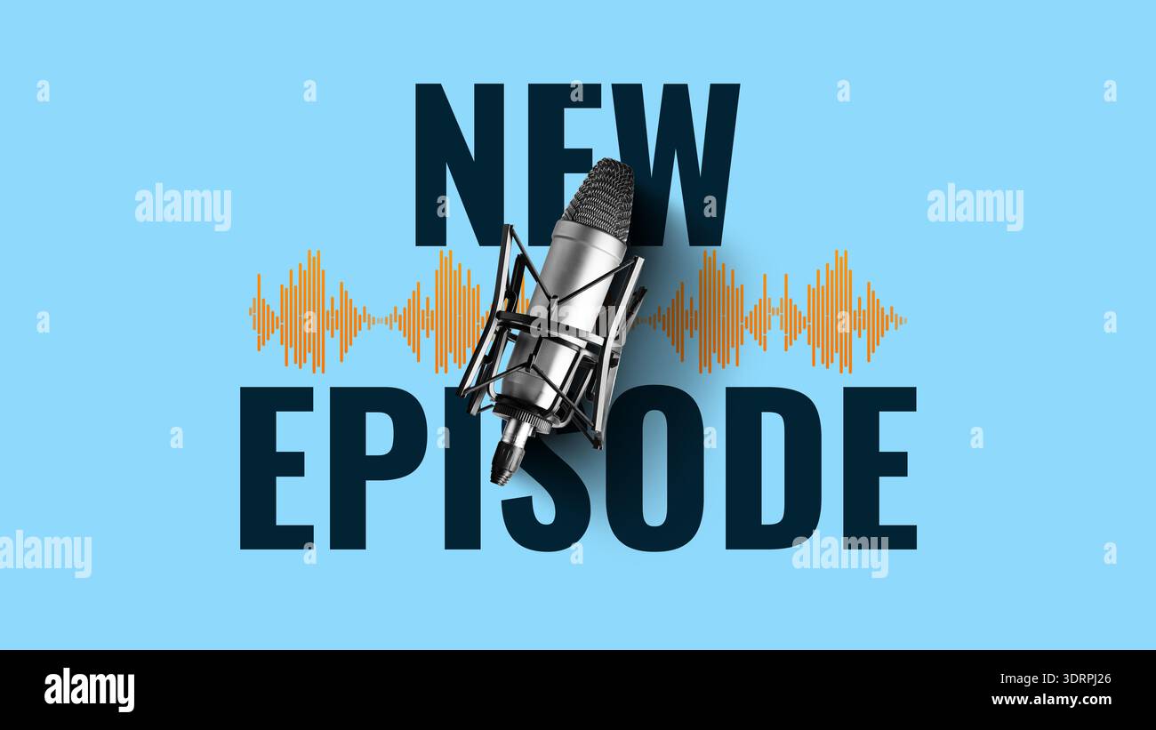Neue Episode für den beliebten Podcast mit Mikrofon- und Tonwellengrafik Stockfoto