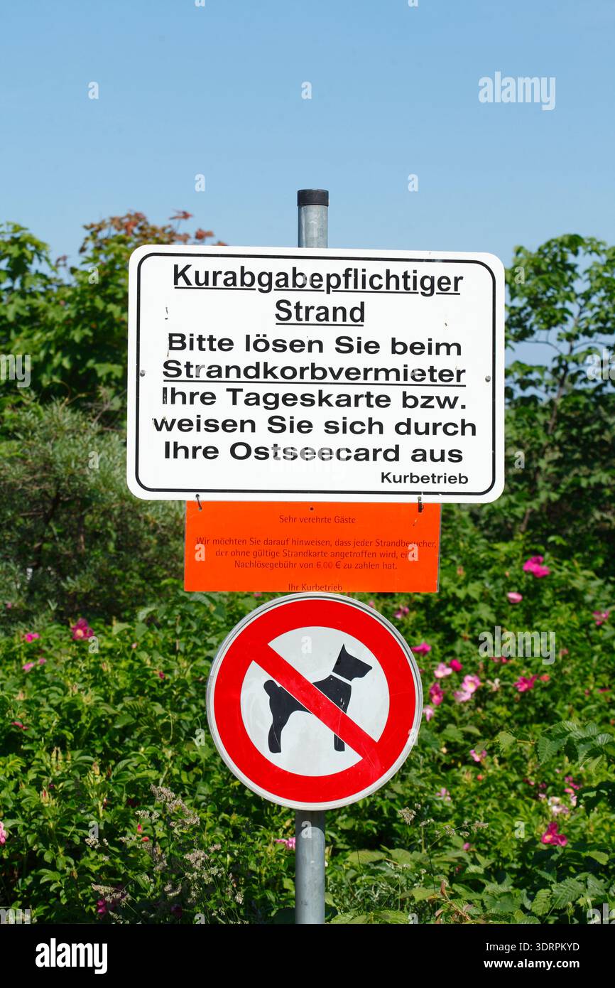 Schild "Hunde erlaubt", Schild "Hunde erlaubt", Schild, das darauf hinweist, dass die Kurtaxe am Strand zu entrichten ist Stockfoto