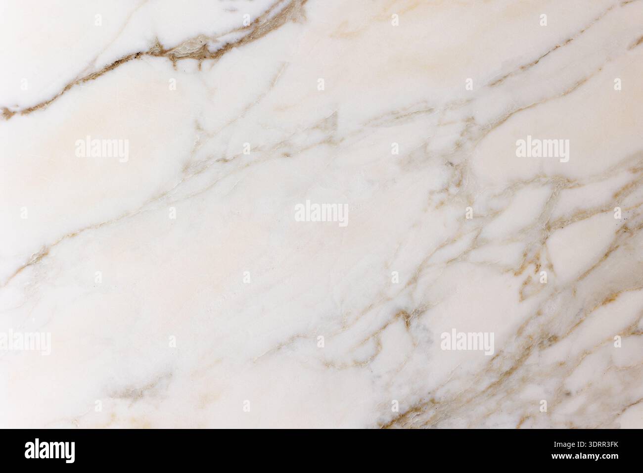 Das Bild zeigt eine Nahaufnahme einer weißen Marmoroberfläche mit natürlichen beigen und grauen Adern. Die organischen Linien schaffen ein elegantes und minimalistisches Muster, hig Stockfoto