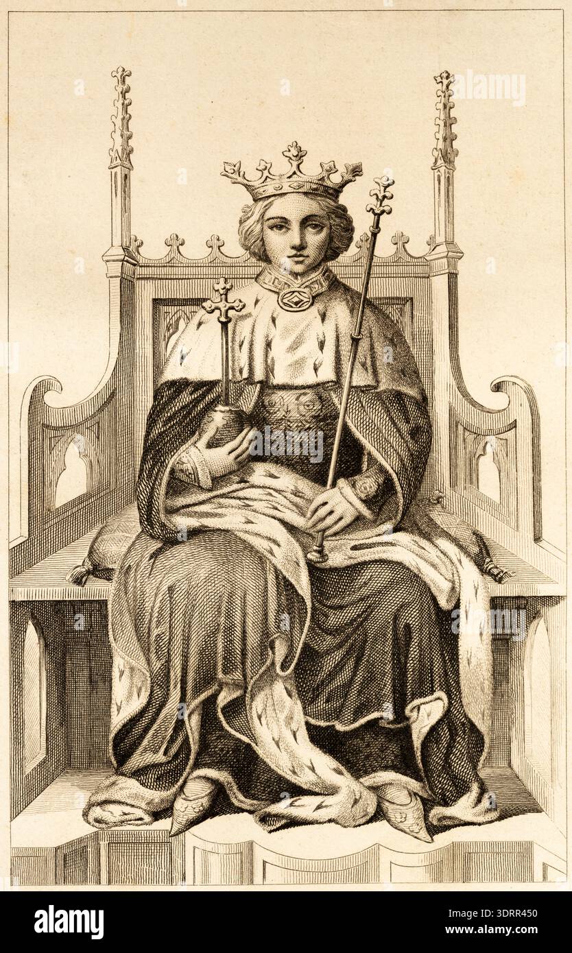 Porträt König Richard II. (1367–1400) oder Richard von Bordeaux 1377, England, geboren in Bordeaux, Zeit der Plantagenets, historische Illustration 1842 Stockfoto
