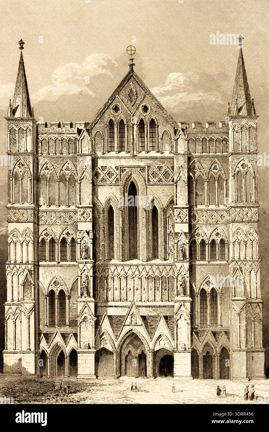 Kathedrale von Salisbury, anglikanische Kathedrale, erbaut zwischen 1220 und 1258, England, Architektur, Zeit der Plantagenets, historische Illustration 1842 Stockfoto