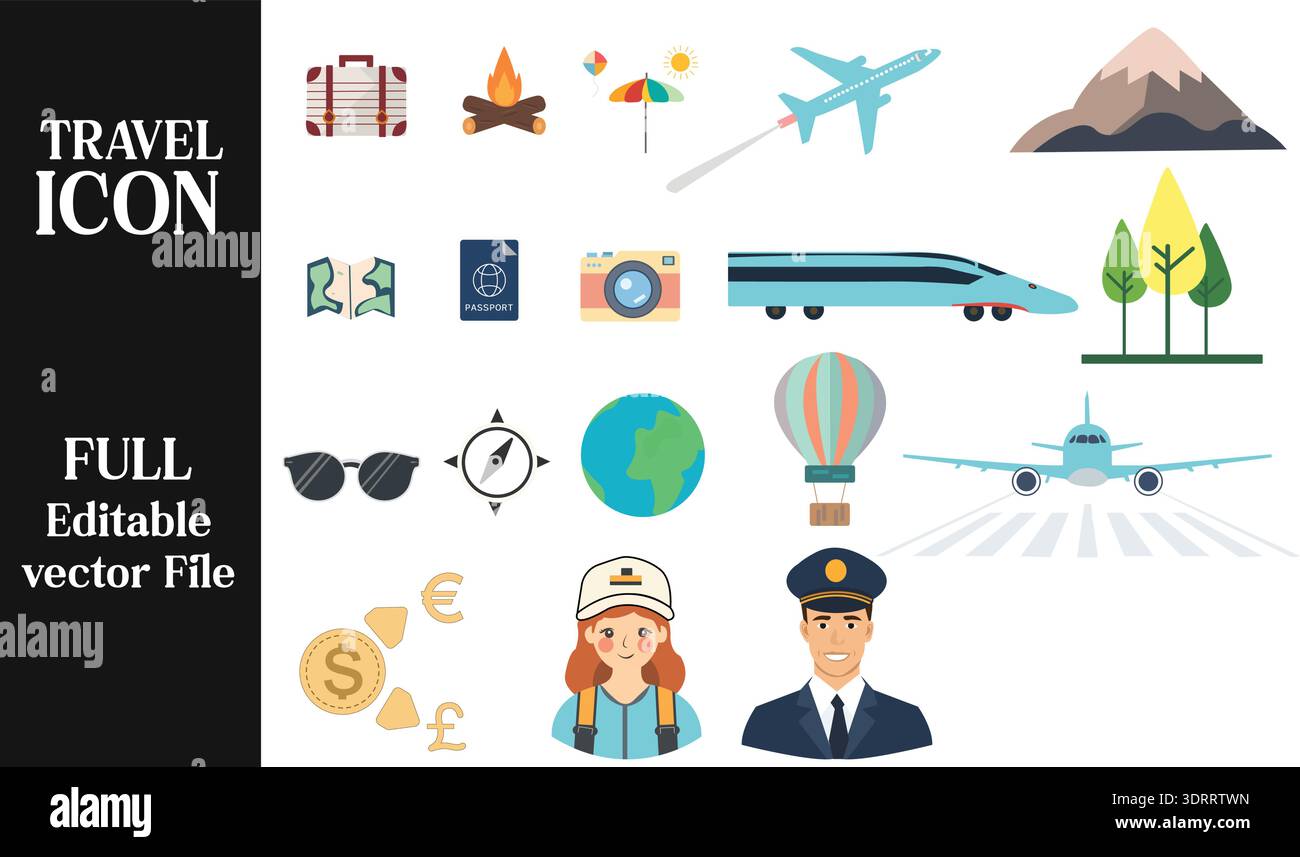 Traveling Icon Pack mit farbenfrohen Symbolen für Reisen, einschließlich Flugzeugen, Gepäck, Landkarten, Reisepässen und Abenteuern Stock Vektor
