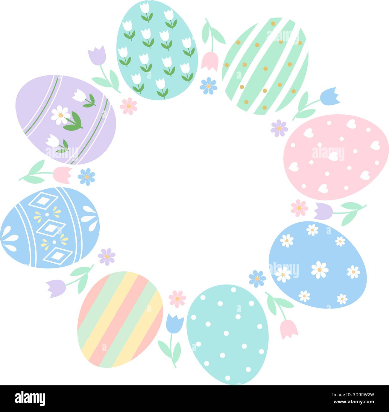 Runder Osterkranz aus bunten gemusterten Eiern und kleinen Frühlingsblumen. Festlicher Blumenrahmen für Weihnachtsgrüße Stock Vektor