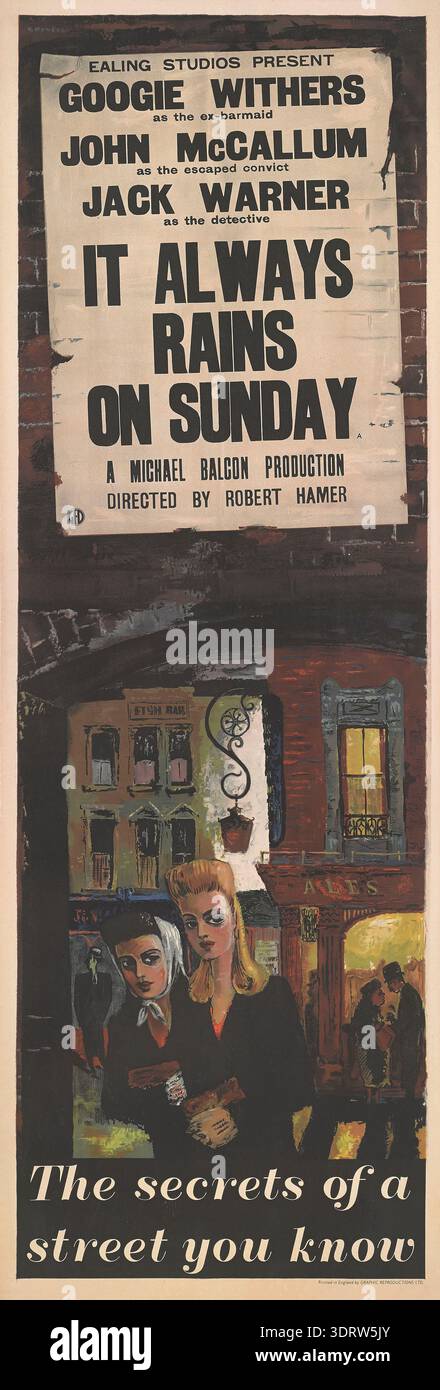 Filmplakat „IT Always Rains on Sunday“ von Robert Hamer. Museum: PRIVATE SAMMLUNG. Autor: JAMES BOSWELL. Stockfoto