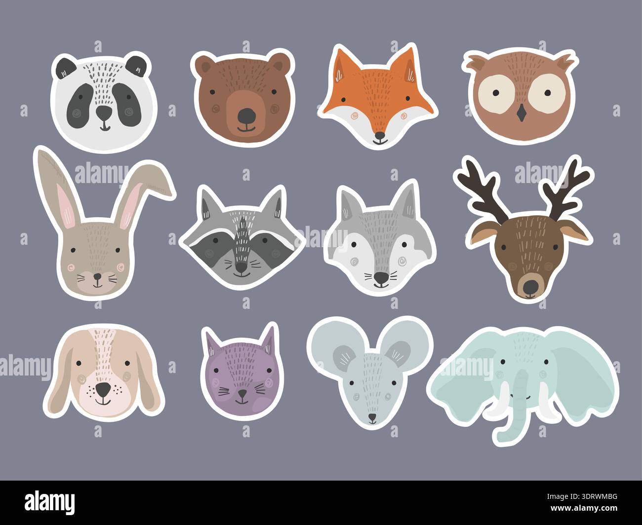 Set von niedlichen Cartoon Hand gezeichnete Tiere Aufkleber Stock Vektor