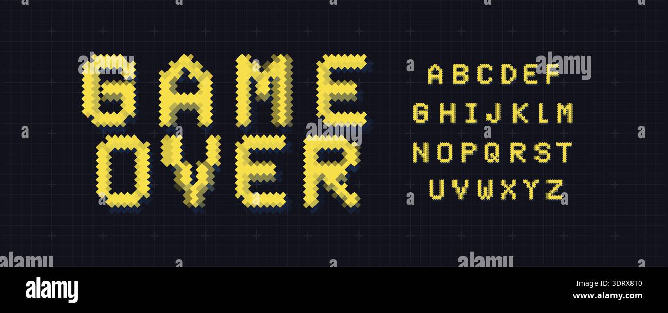 Game over Font Logo Alphabet Y2K Pixel Letter Set Moderne Typografie, Arcade Typografie Design für Titeltext, Gaming Tippschrift Headline, Alter Computertyp Stock Vektor