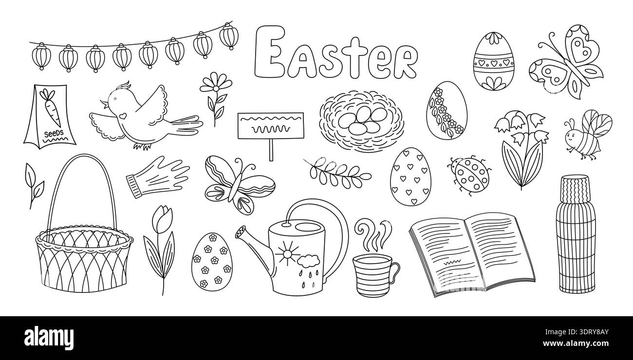 Frühling dekorative Elemente Satz von Umrissen Hand gezeichnet einfache Objekte saisonale cottagecore Illustration Nest, Handschuh, Vogel, Schmetterling, Blumen, Buch, Becher, Korb, Marienkäfer, Samen, Osterei, Gießkanne Stock Vektor