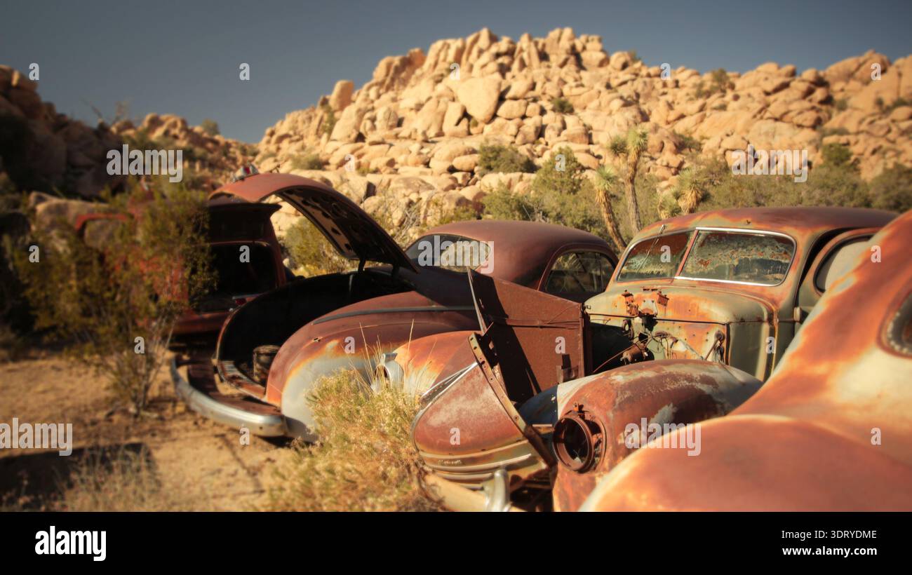 Mehrere verlassene, rostige Oldtimer aus den 1920er Jahren stehen an einem sonnigen Tag in der Wüste auf der Keys Ranch in Joshua Tree, Kalifornien. Stockfoto