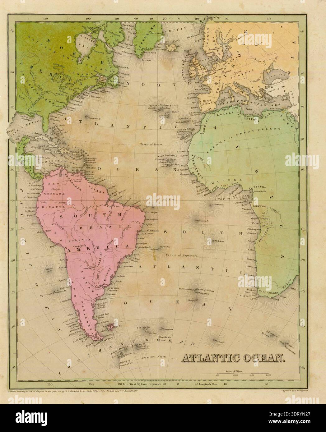 Antike Karte des Atlantischen Ozeans aus dem vergriffenen Goodrich atlas von 1841 Stockfoto