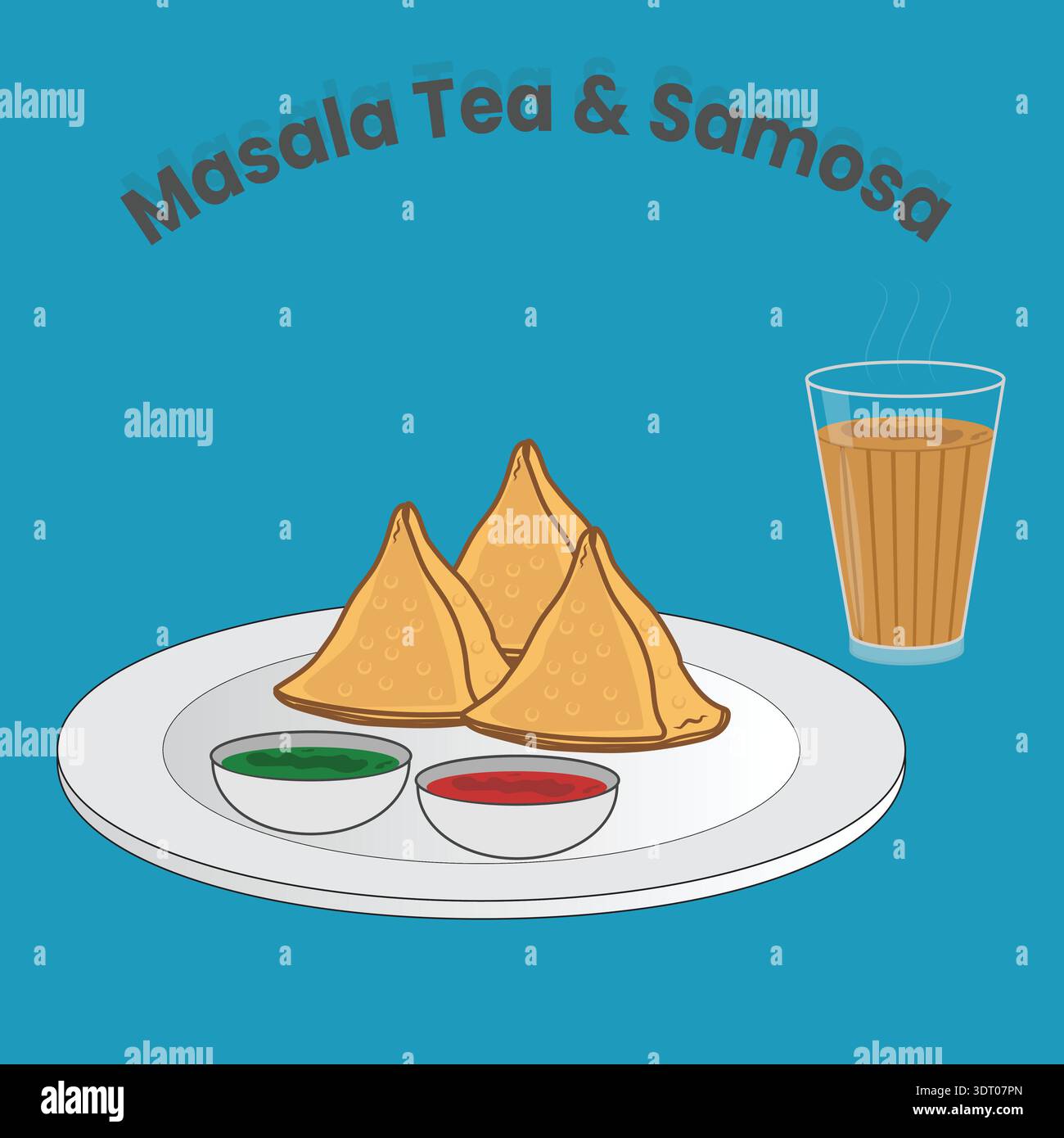 Klassische Masala Tea & Samosa-Kombination mit knusprigen goldenen Samosas, scharfen Chutneys und dampfendem Chai – die ultimative indische Teezeit. Stock Vektor