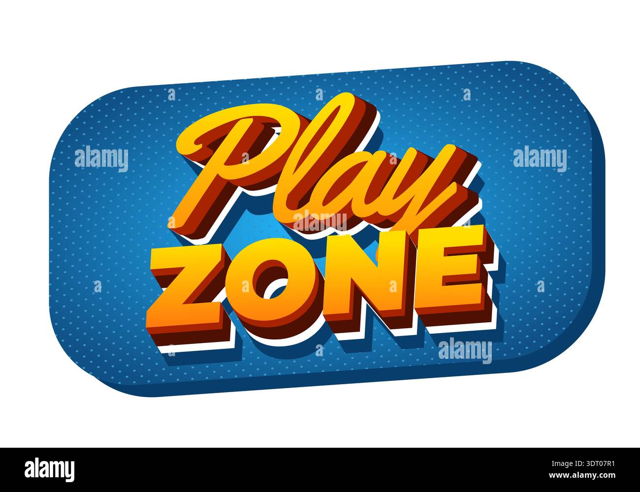 Ein lebhaftes 3D-Spielzonenzeichen mit kräftigem gelben orangefarbenen Schriftzug auf einem gepunkteten blauen, abgerundeten Rechteckhintergrund Stock Vektor