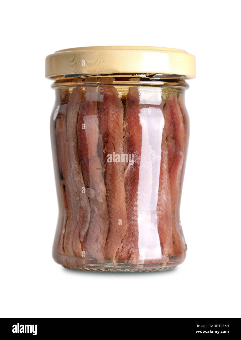Sardellenfilets in Öl im Schraubglas. Gesalzene Filets aus peruanischer Sardelle, Engraulis ringens, einem kleinen Salzwasserfutterfisch. Stockfoto