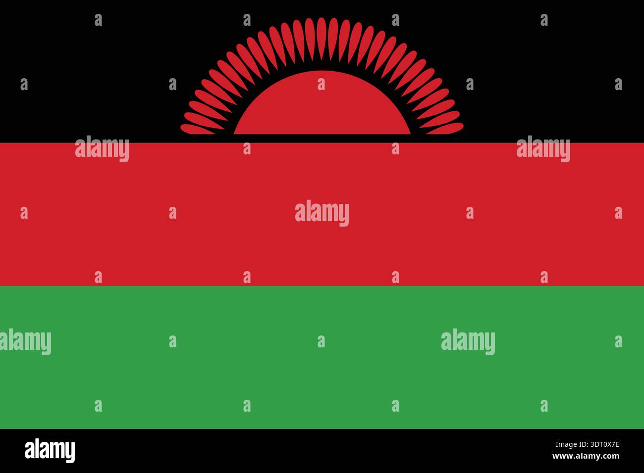 Malawische Nationalflagge flache Vektor-Illustration. Flache Vektorillustration der malawi Flagge mit horizontalen schwarzen, roten und grünen Streifen und aufgehender Sonne. Stock Vektor