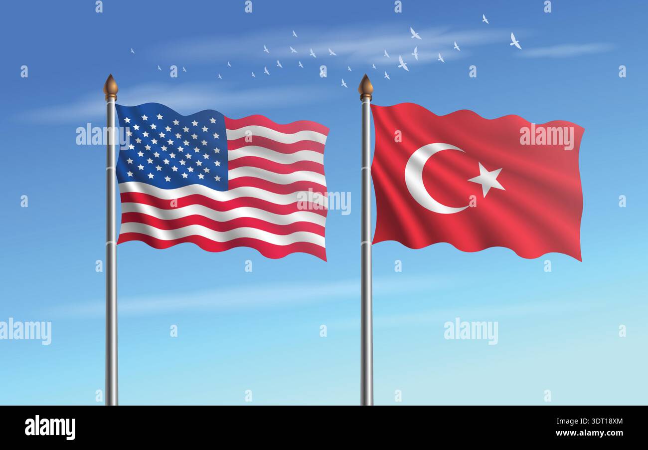 USA und Türkei Tabelle Flaggen Beziehung zum Himmel Hintergrund Stock Vektor