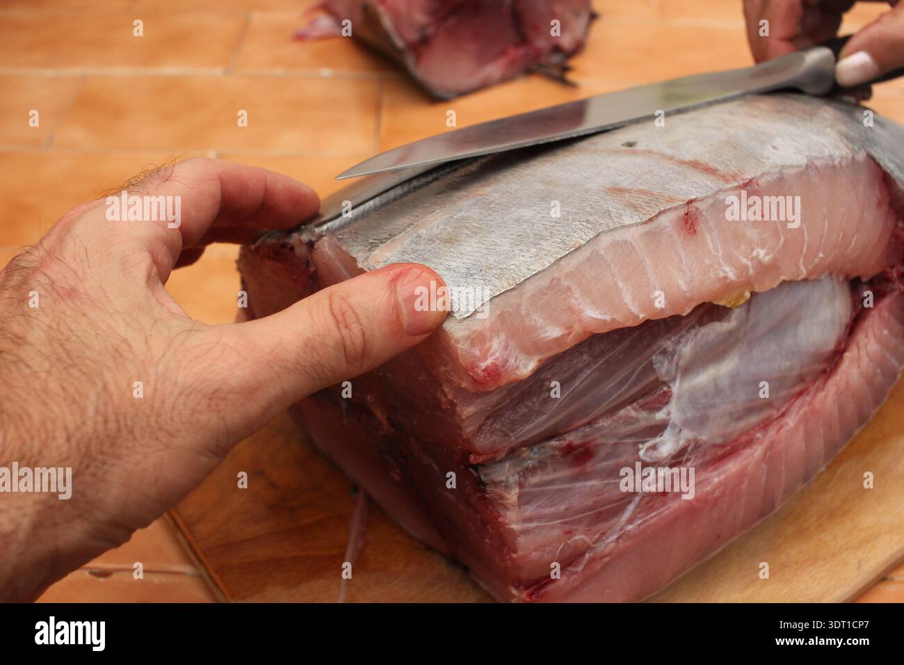 Konzept der gesunden Ernährung und mediterranen Ernährung mit einer Person, die frischen fettigen Fisch zum Kochen zubereitet. Stockfoto