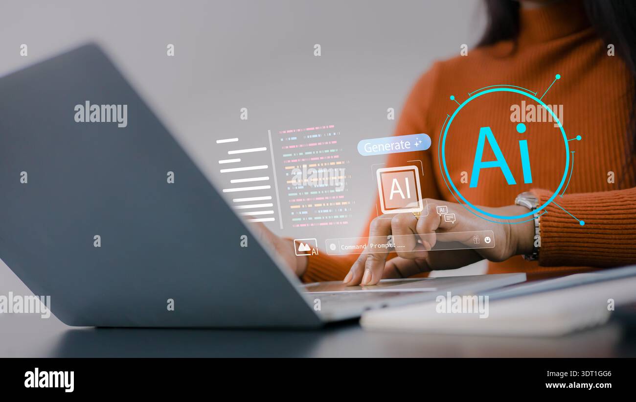 Nahaufnahme einer Frau mit Laptop mit KI-Schnittstelle für generative Technologie. Content Creator mit dem Befehl „Eingabe“ wird aufgefordert, digitale Kunst und Text mithilfe von zu generieren Stockfoto
