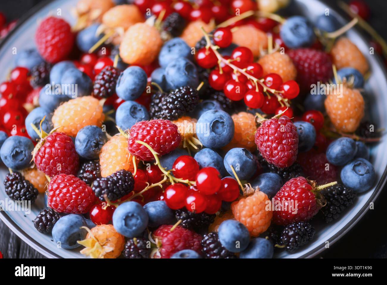 Nahaufnahme gemischter Sommerbeeren in der Schüssel, geringe Tiefe des Feldes. Frisches Bio-Sortiment, lebendige Fruchtstruktur Stockfoto