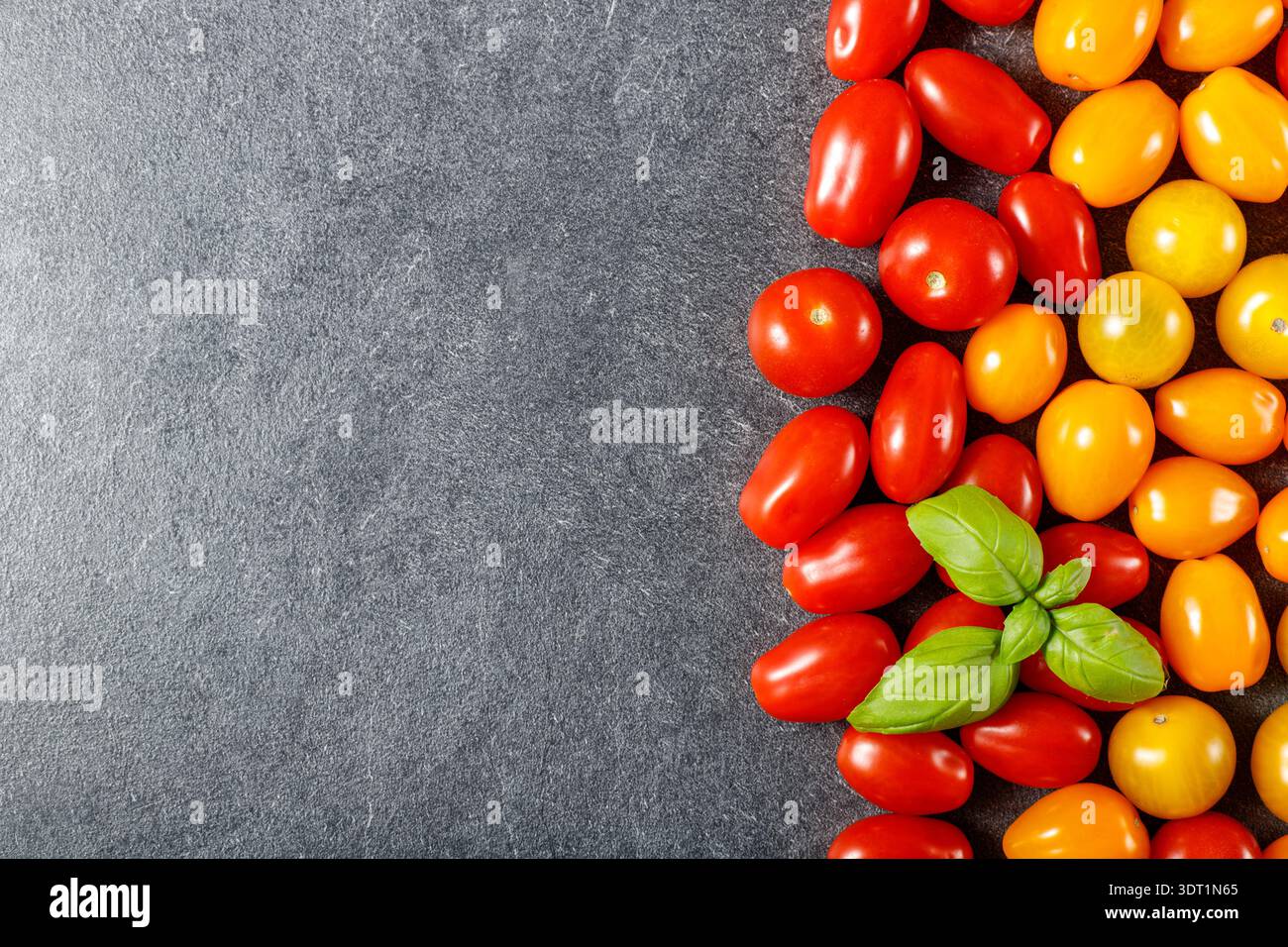 Kirschtomaten in gemischter Farbe mit Basilikumblättern von oben auf grauem Steinhintergrund mit Kopierraum. Rote, orange und gelbe Kirschtomate Stockfoto