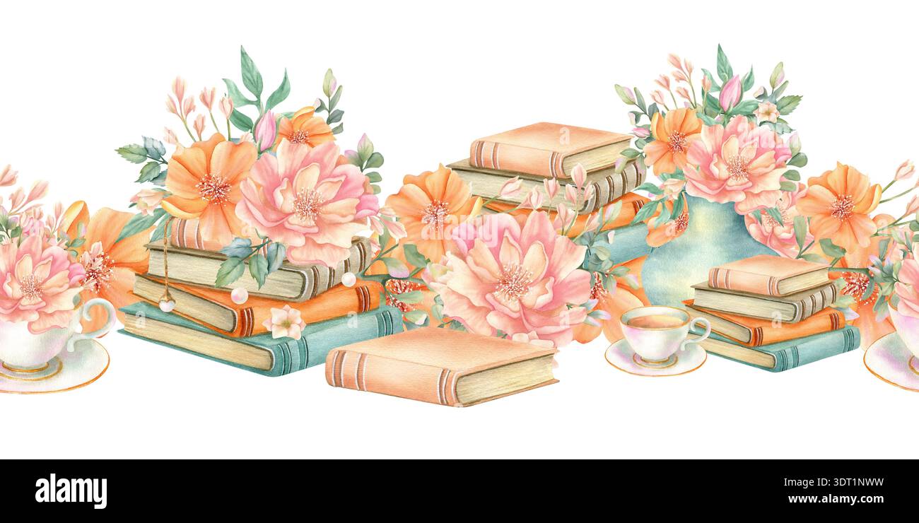 Nahtloser Vintage-Rand mit Blumen, Stapel Bücher. Gemütliches Frühlingssommer-Blumenstillleben mit Pfingstrose, Freesie, Blättern, alter Literatur. Aquarell Stockfoto