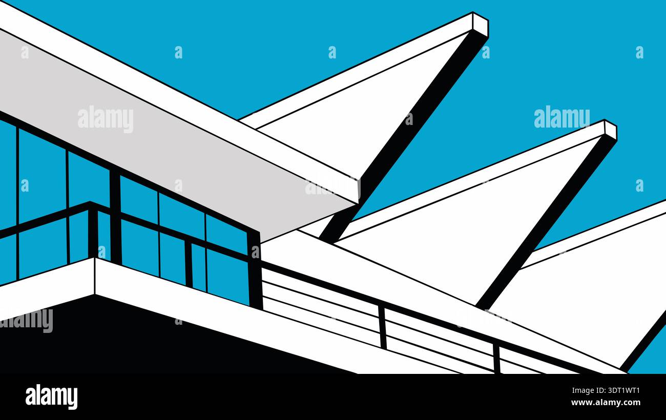 Illustration einer modernen Gebäudefassade mit scharfen geometrischen Winkeln und kräftigen Linien vor einem klaren blauen Himmel, die zeitgenössische Architektur betont Stockfoto
