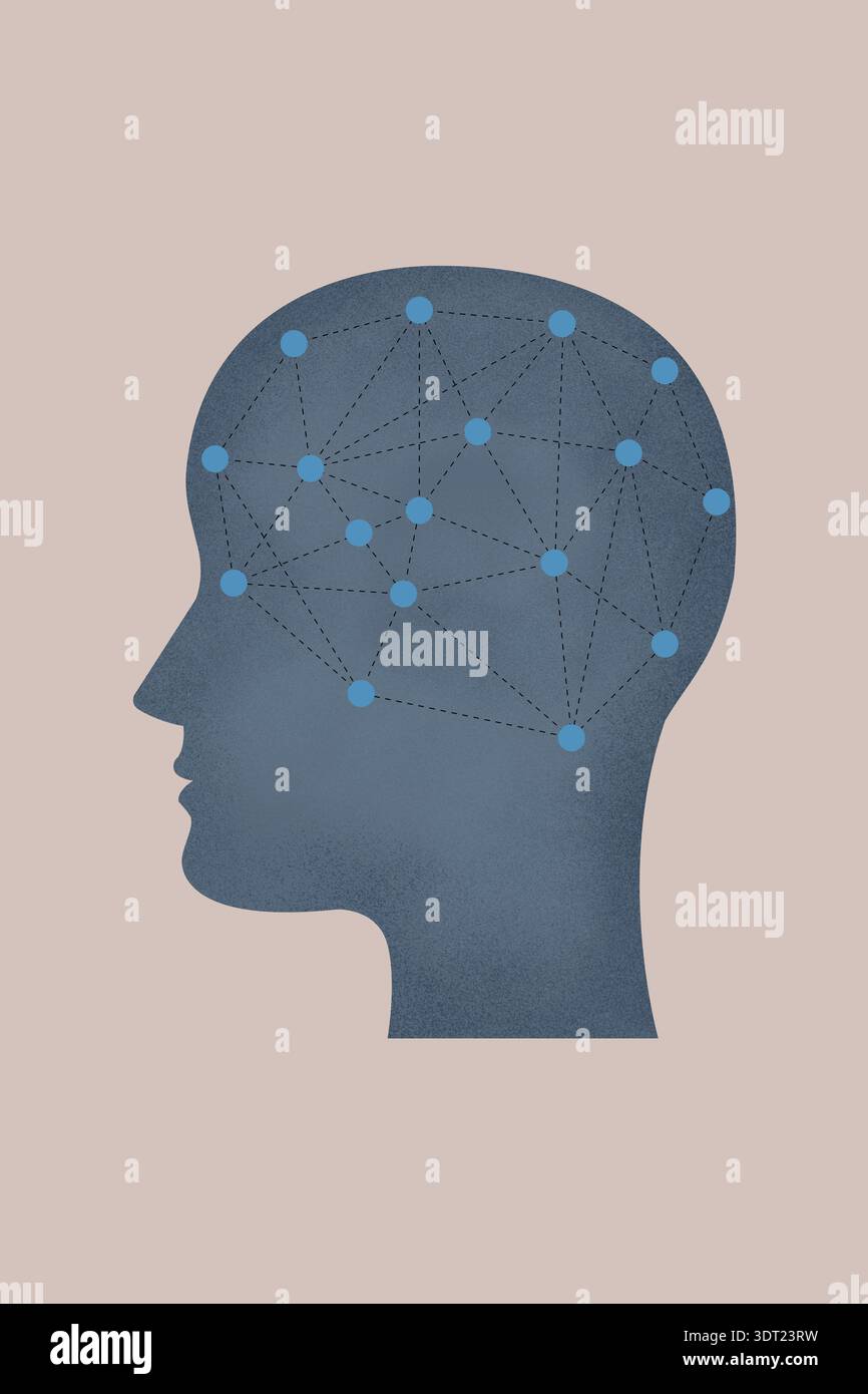 Abstrakte Illustration eines menschlichen Gehirns, das ein Netzwerk miteinander verbundener Knoten zeigt, die Denkprozesse und neuronale Bahnen auf einem sanften Rosa symbolisieren Stockfoto