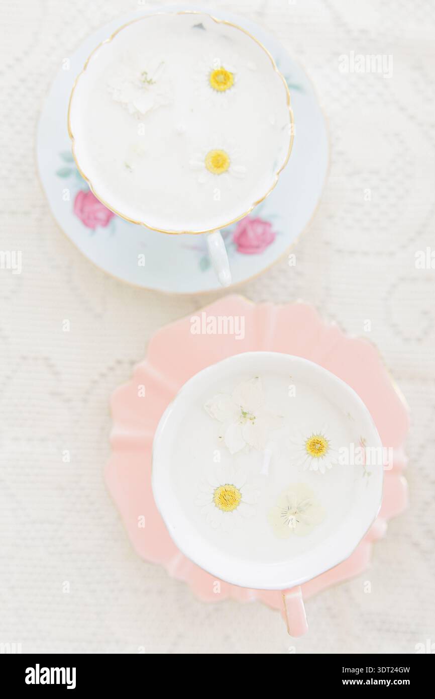Teetassen mit Blumenmuster gefüllt mit Gänseblümchen für Frühlingsfeiern Stockfoto
