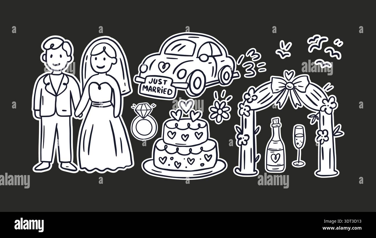Hochzeit Doodle Sketch Icon Set Vintage Party Liebe Vektor Einladung Braut Bräutigam Zeremonie Feier Romantisches Paar Karte Stock Vektor