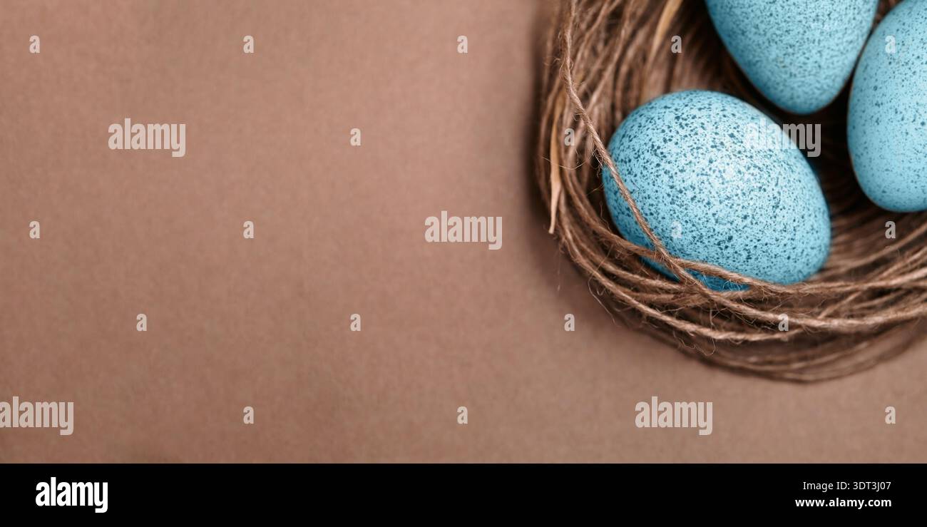 Ostereier Im Nest. Minimalistische Szene Mit Blauen Eiern In Rustikaler Natur. Elegante Komposition Mit Blau Gesprenkelten Eiern Stockfoto