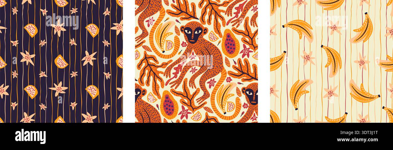 Affe, Banane, Papaya und skurrile exotische Blumen tropische nahtlose Muster Set Regenwald Boho Vintage Hintergrund Stock Vektor