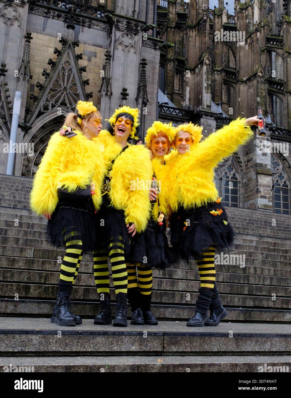 Während des Karnevals posieren Karnevalsfreunde in knallgelben Kostümen auf den Stufen des Kölner Doms Stockfoto