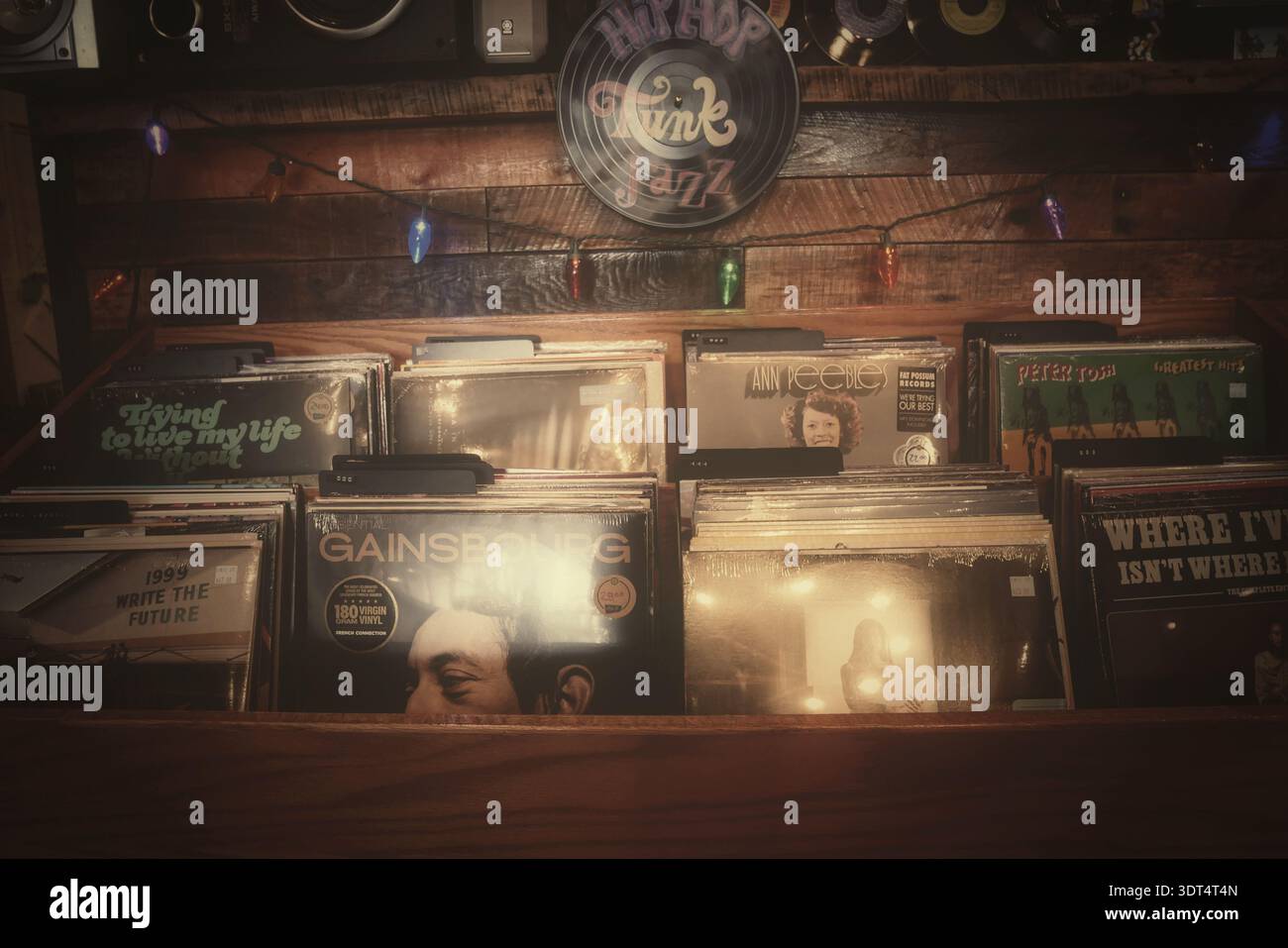 Schallplatten in einem beschrifteten Fach in einem unabhängigen Plattenladen mit verschiedenen Albumtiteln und Genres Stockfoto