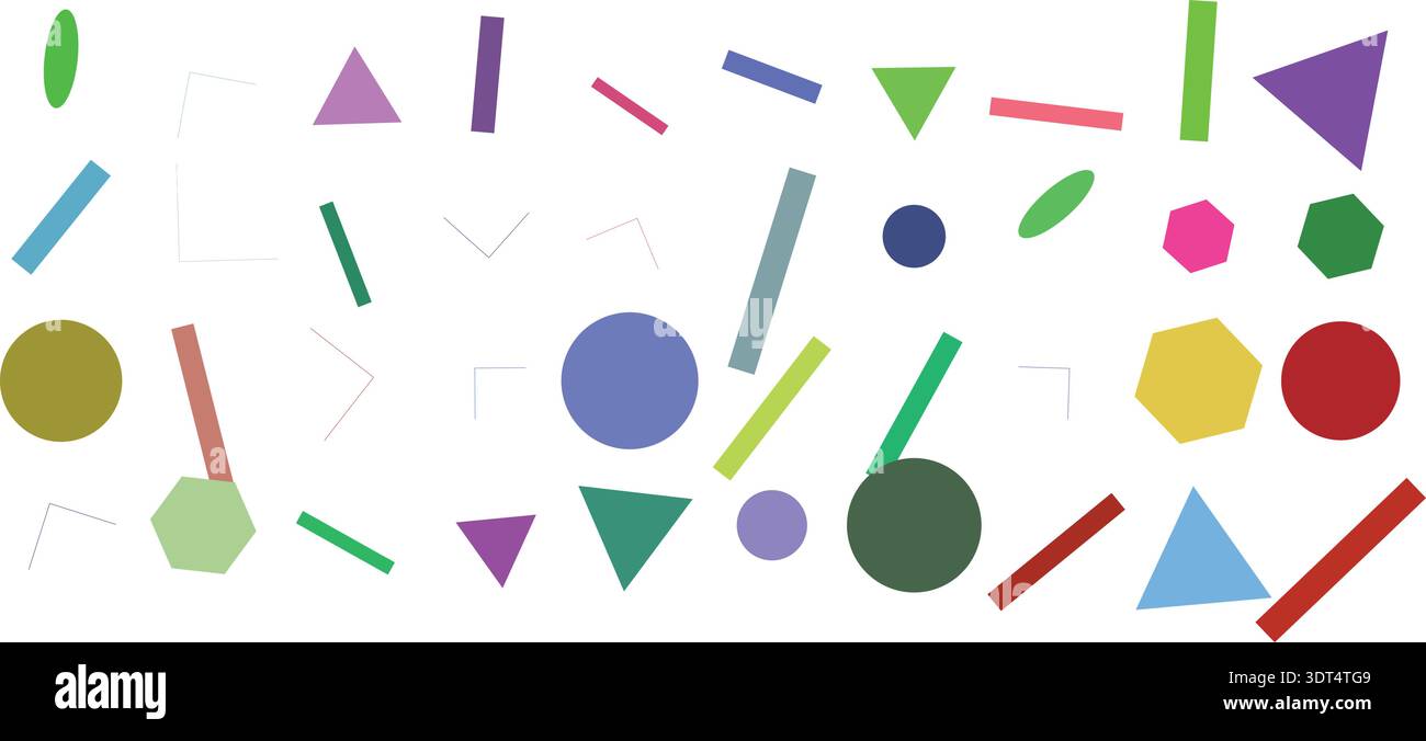 Lebendige, farbenfrohe geometrische Formen, darunter Kreise, Dreiecke und Sechsecke, verstreut auf einem sauberen weißen Hintergrund, bilden ein abstraktes Muster. Stock Vektor