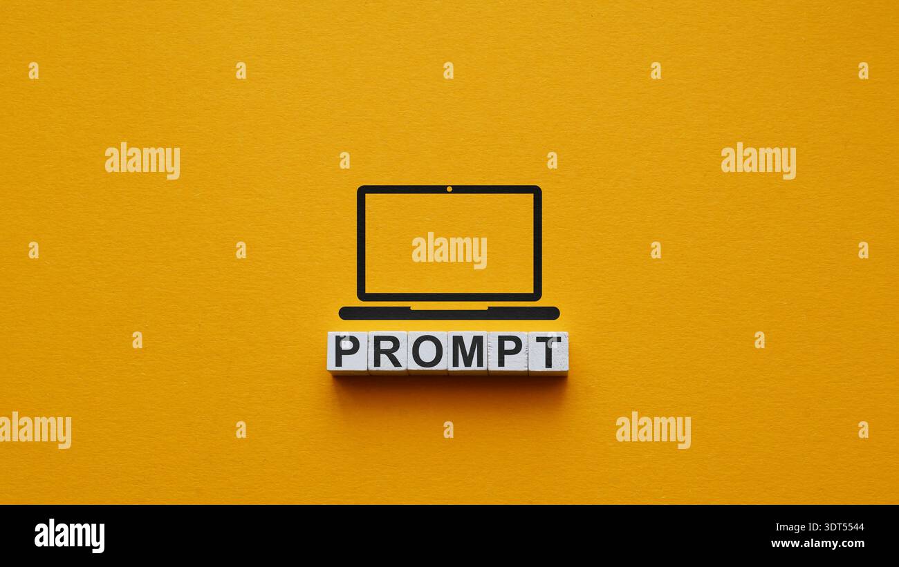 Prompt auf Laptop-Symbol. Kreativer Kommunikationsprozess. Stockfoto