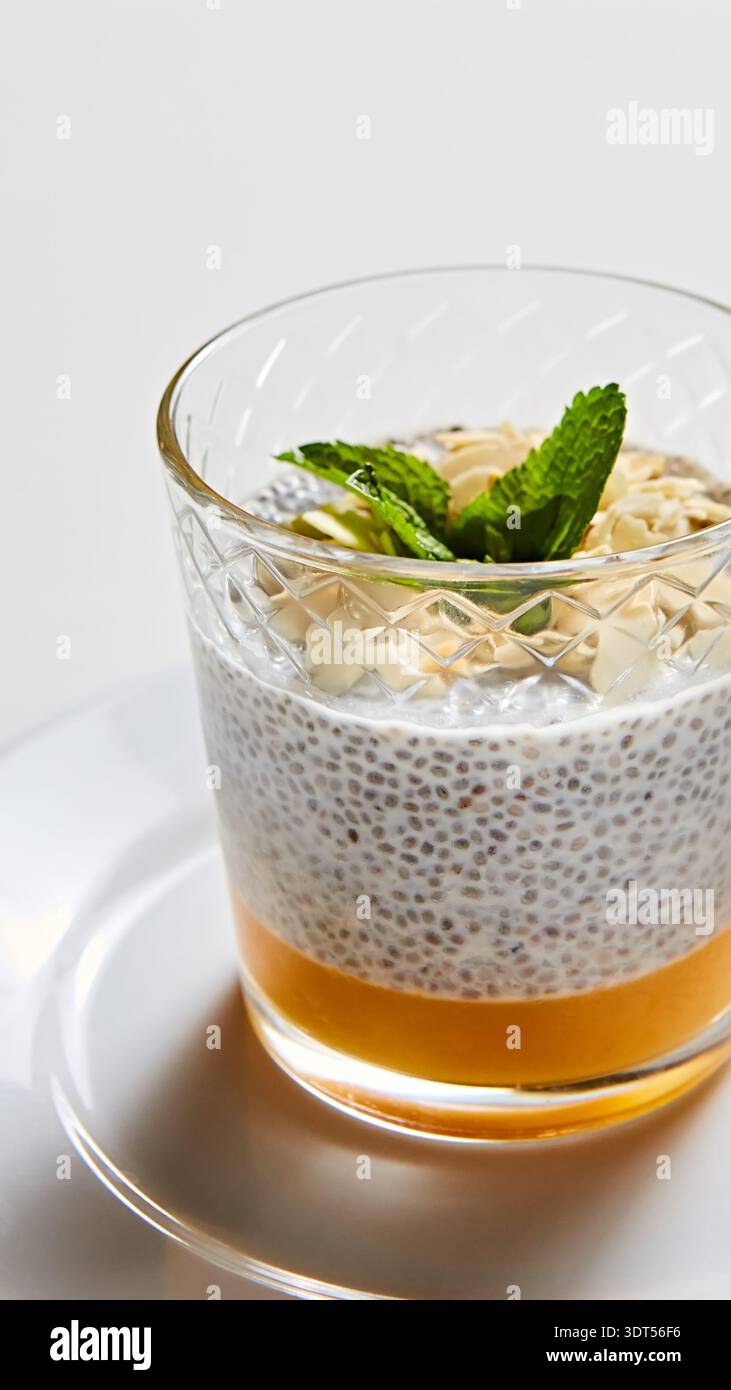 Hausgemachtes Frühstücksparfait mit mehrschichtigem Chiasamenpudding und Mangopüree Stockfoto