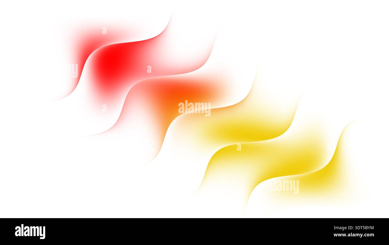 Farbwellen in Rot und Gelb bewegen sich in einem glatten Muster über einen hellen Hintergrund. Das Design hebt fließende Formen und Verläufe hervor. Stockfoto