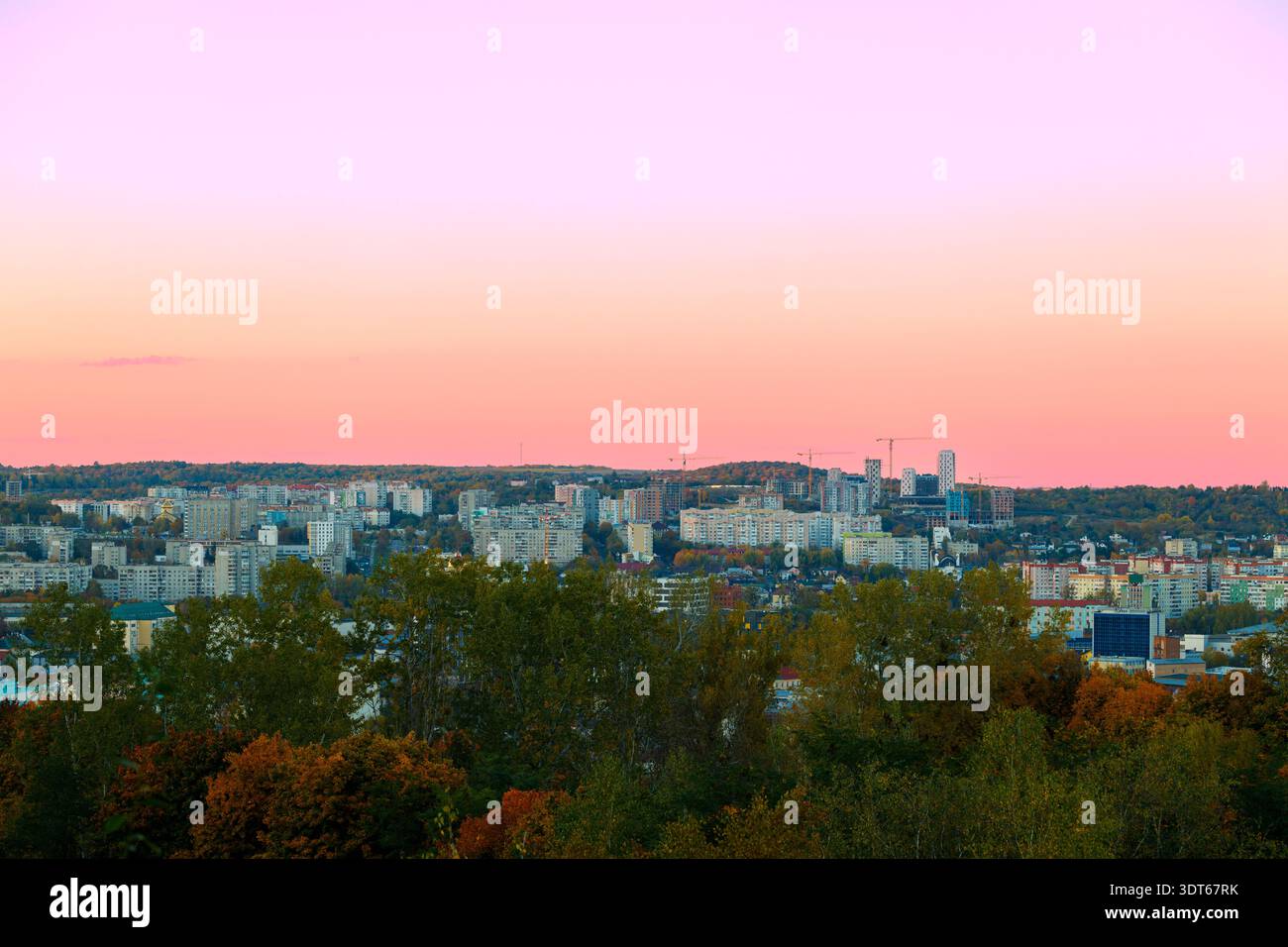 Eine weitläufige urbane Landschaft entfaltet sich unter einem sanften Farbverlauf von Rosa- und Orangetönen am Abendhimmel, mit dichtem Laub, das die Aussicht umrahmt Stockfoto