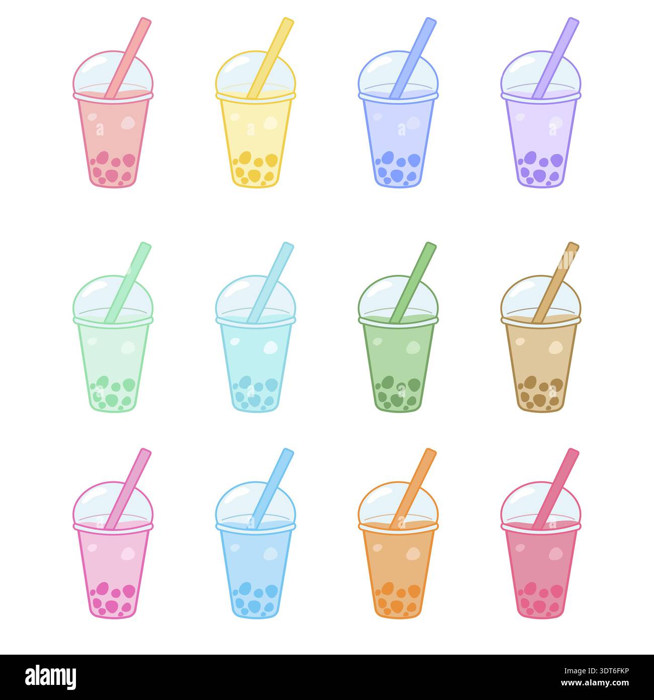 Große Sammlung verschiedener Bubble-Tee-Aromen in Plastikbechern mit Strohhalmen und Perlen. Nettes Pastellfarben flacher Vektor Illustration Set isoliert auf Wi Stock Vektor