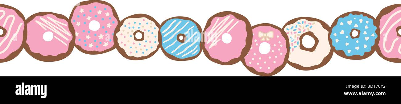 Nahtloser horizontaler Rand mit pastellfarbenen Donuts. Niedliche handgezeichnete Art, süßes Bäckerei Thema, perfekt für Karten, Verpackungen, Banner, und verspielte Designs. Stock Vektor